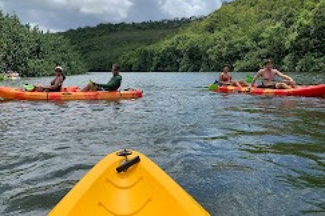 Vibrant kayaks stacked on a seaside rack at sunset in the Philippines, perfect for a serene adventure.